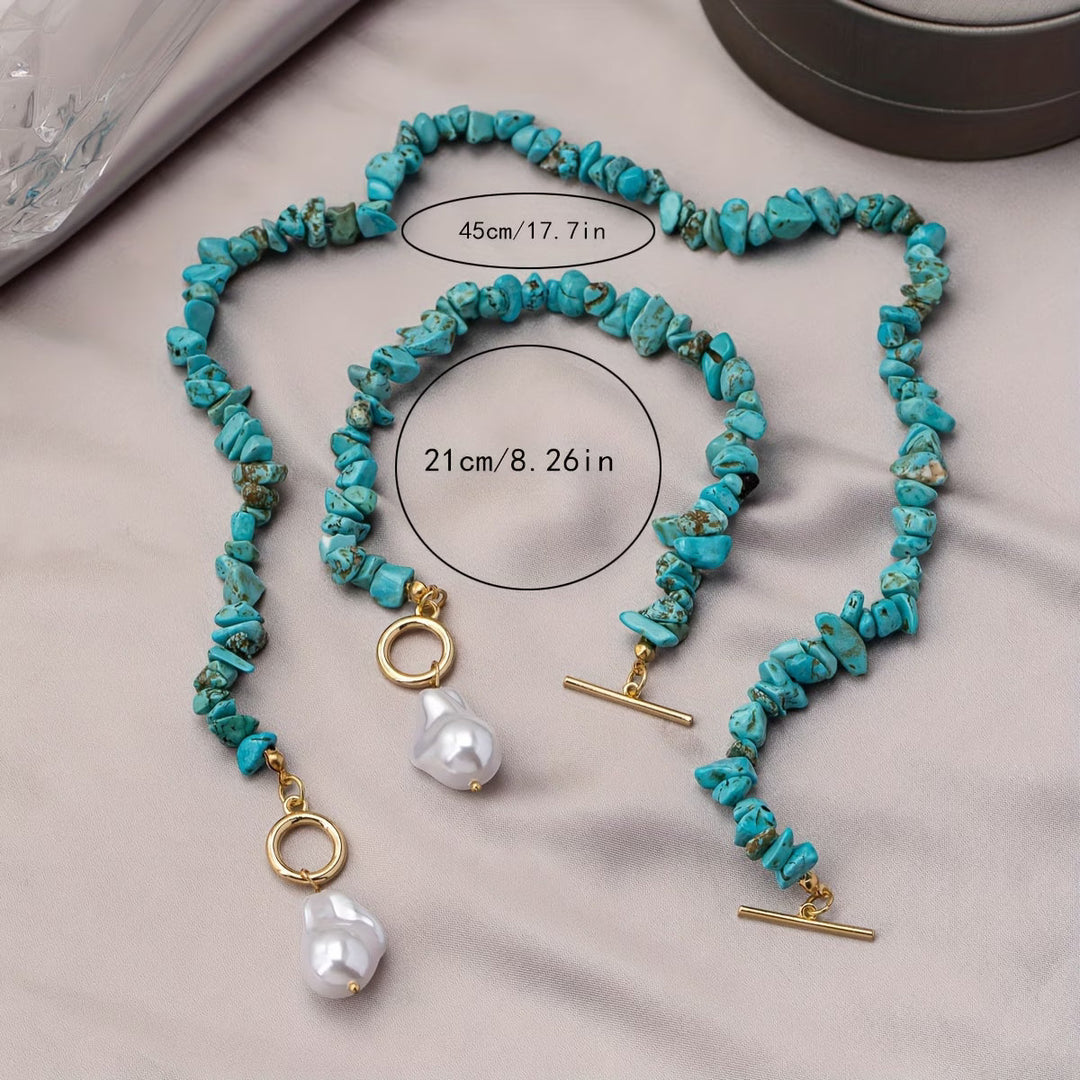Turquoise & Pearl Necklace Bracelet Set