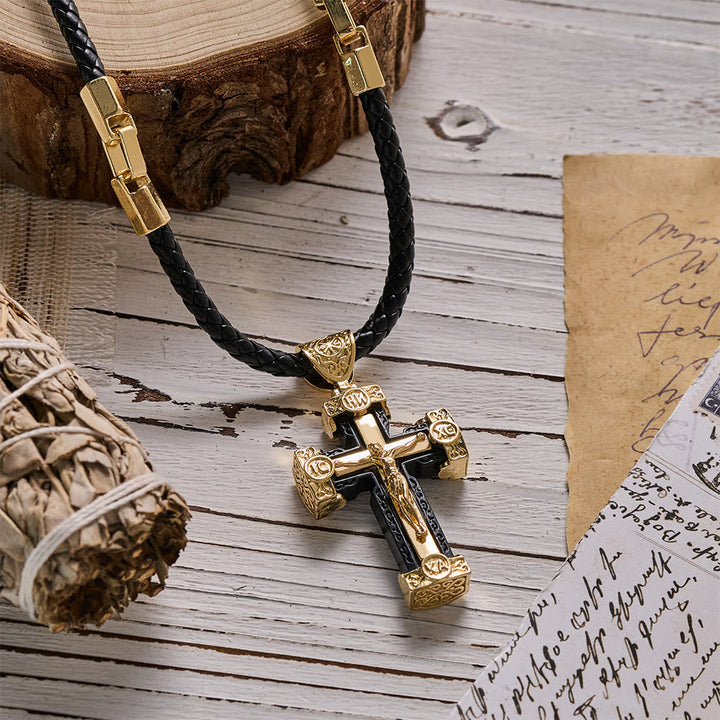 Christianartworkshop Luxury Style Crucifix Jesus Cross Black-gold Alloy Pendant Necklace