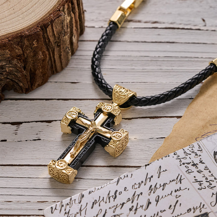 Christianartworkshop Luxury Style Crucifix Jesus Cross Black-gold Alloy Pendant Necklace