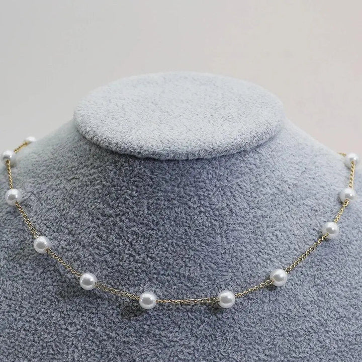 Gold Spaced Pearl Chain Necklace