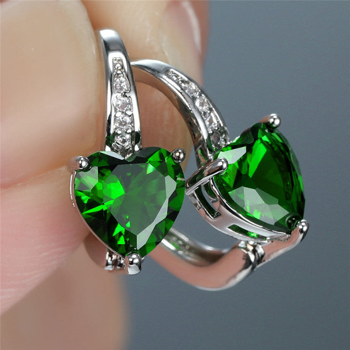 Silver Emerald Heart Hoop Earrings