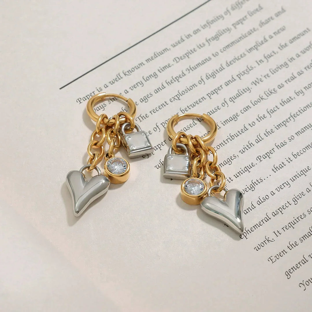 Sarah Heart & Lock Gold Earrings
