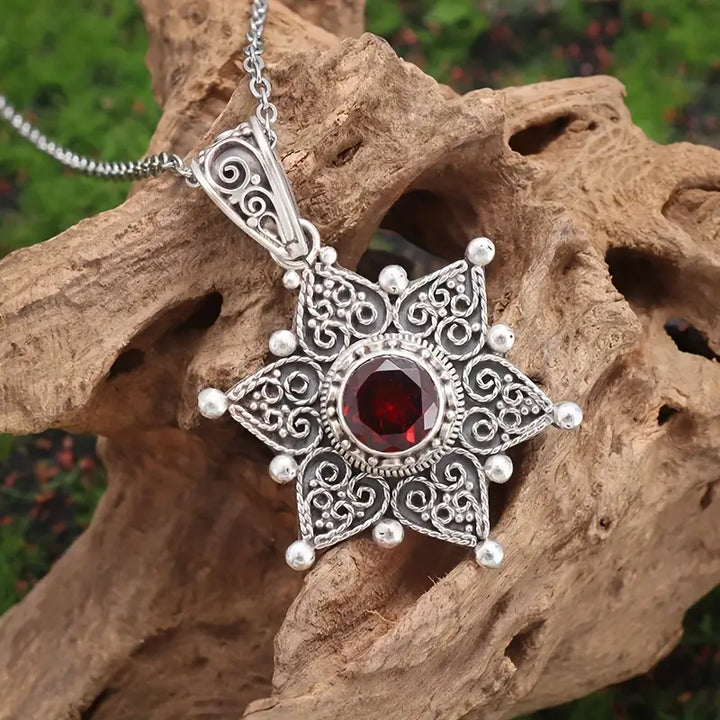 Silver Ruby Star Pendant Necklace