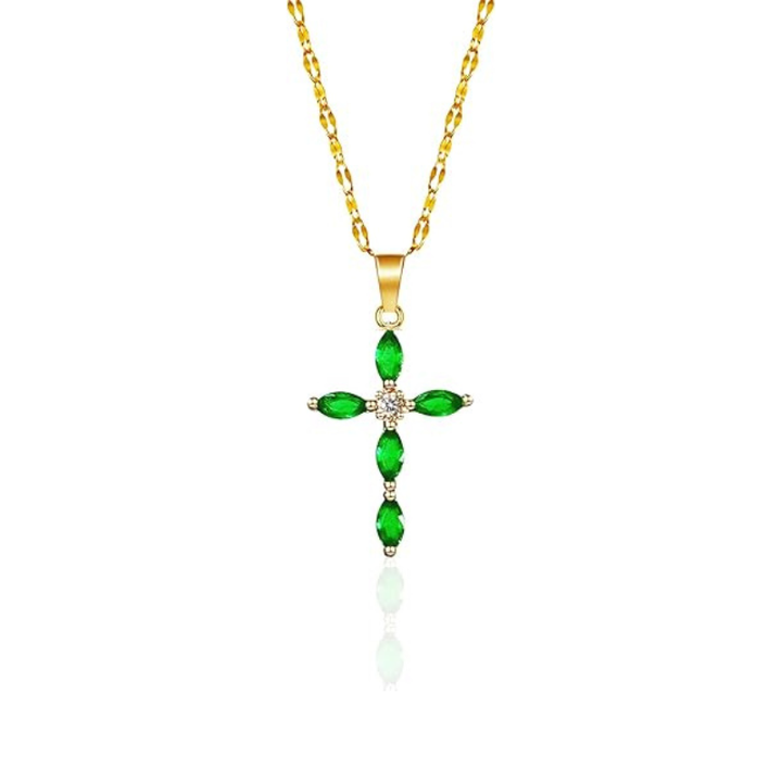 Gold Emerald Marquise Cross Necklace